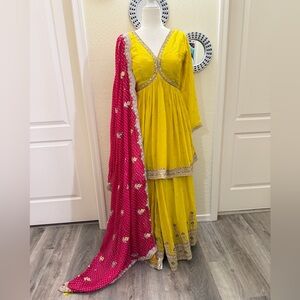 Bright Yellow Embellished Anarkali Set with Pink Dupatta